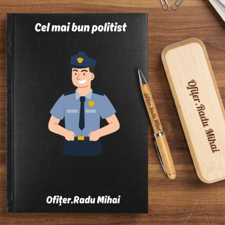 Cadou pentru politist- Agenda personalizata + set scris