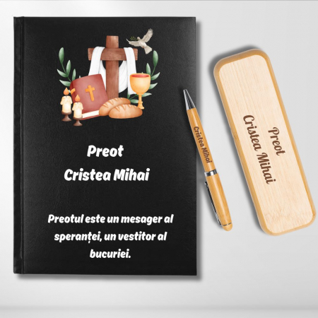 Cadouri peste 100 RON - Cadou pentru Preot- Agenda personalizata + set scris