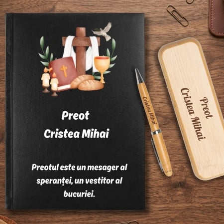Diverse cadouri personalizate - Cadou pentru Preot- Agenda personalizata + set scris