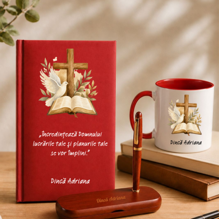 Cadouri personalizate - Cadou pentru credincios / profesor religie - Agenda +Set scris + Cana
