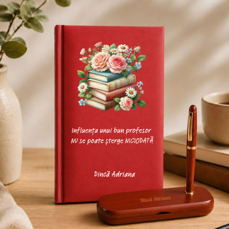 Cadouri personalizate - Cadou pentru profesor model floral- Agenda + set de scris  personalizate
