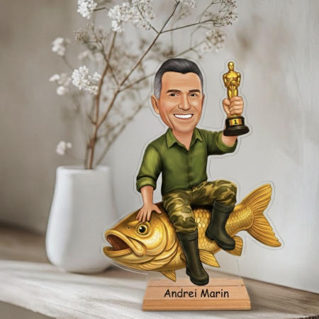 Figurine personalizate - Caricatură pentru Pescar- Statuetă Personalizată tip Trofeu
