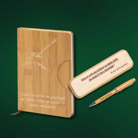 Agende personalizate - Set personalizat pentru profesor -Caiet + pix in cutie din bambus