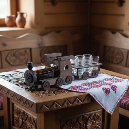 Idei cadouri barbati - Minibar din lemn  6 pahare si o sticluta in locomotiva.