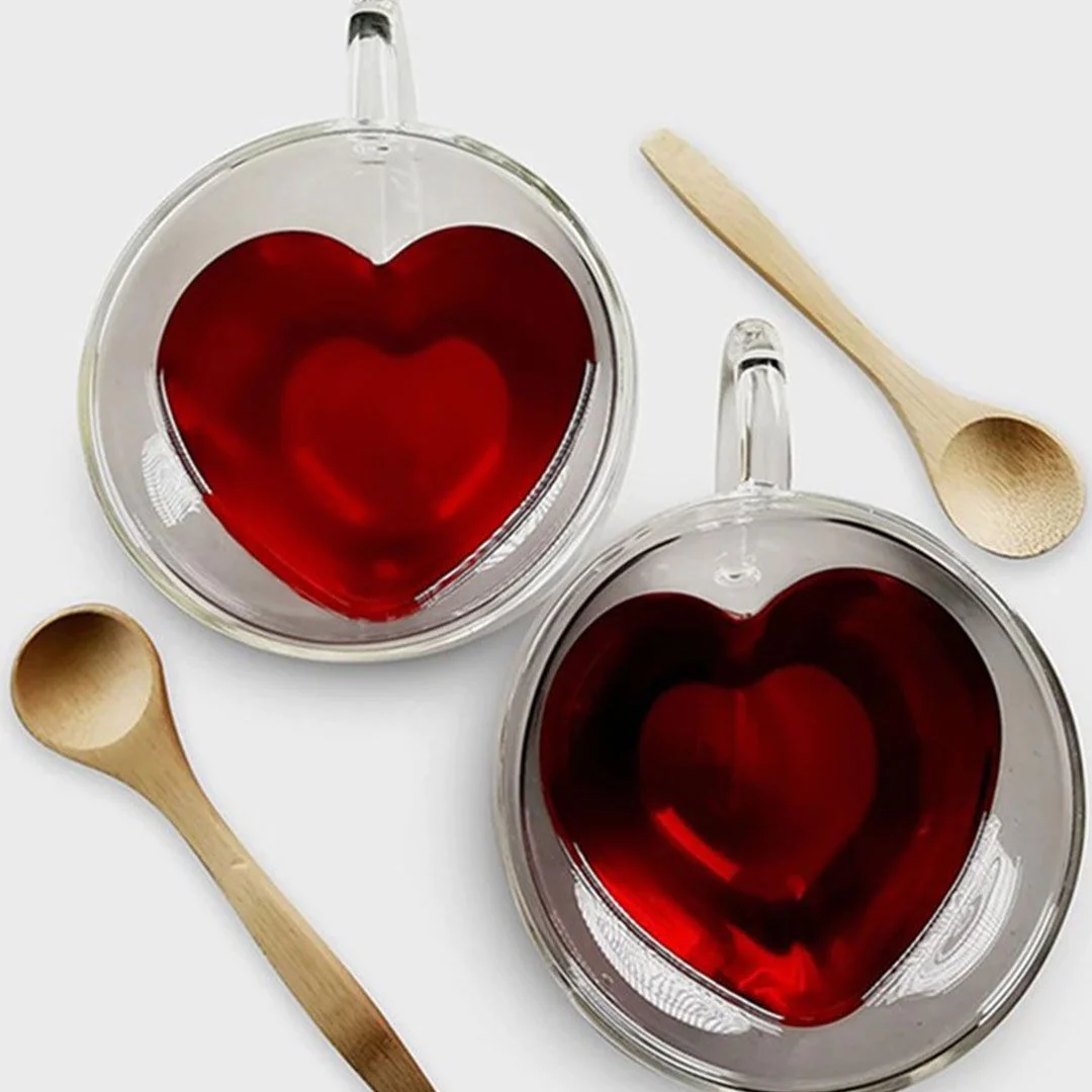 Cadouri Sf. Valentin - Set 2 cesti in forma de inima cu perete dublu 240ml