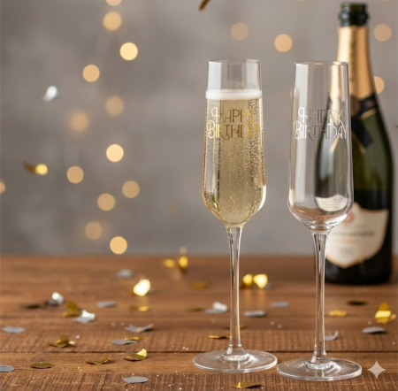 Accesorii si decoratiuni casnice - Set 2 Pahare Șampanie Elegante – „Happy Birthday”