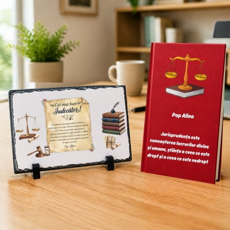 Cadouri personalizate - Set cadou Agenda + Placa piatra ardezie personalizata - Cel mai bun judecator