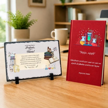 Cadouri personalizate - Set cadou Agenda + Placa piatra ardezie personalizata - Profesor Chimie