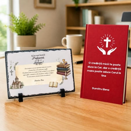 Cadouri personalizate - Set cadou Agenda + Placa piatra ardezie personalizata - Profesor Religie