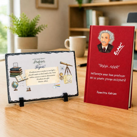 Cadouri personalizate - Set cadou Agenda + Placa piatra ardezie personalizata - Profesor Fizica