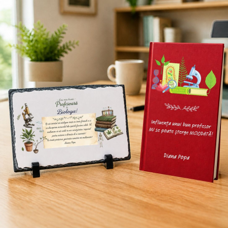 Cadouri personalizate - Set cadou Agenda + Placa piatra ardezie personalizata - Profesor Biologie