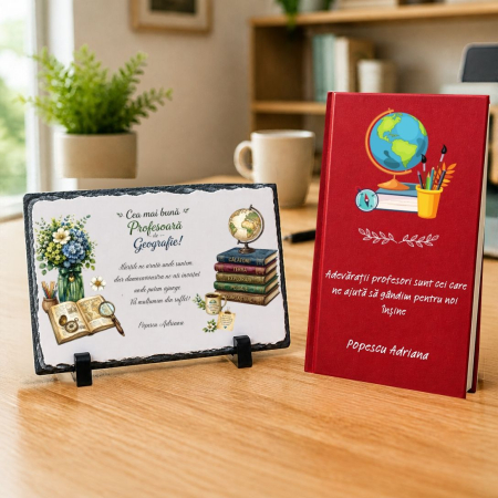 Cadouri personalizate - Set cadou Agenda + Placa piatra ardezie personalizata - Profesor Geografie