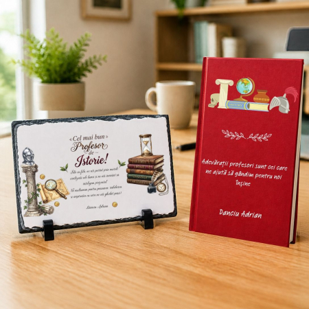 Cadouri personalizate - Set cadou Agenda + Placa piatra ardezie personalizata - Profesor Istorie