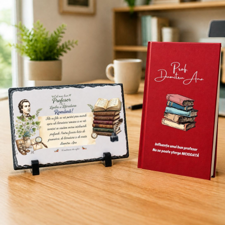 Cadouri personalizate - Set cadou Agenda + Placa piatra ardezie personalizata - Profesor Romana
