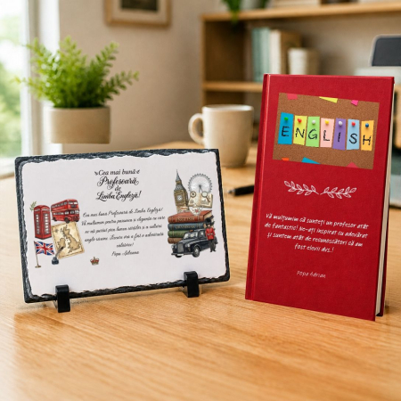 Cadouri personalizate - Set cadou Agenda + Placa piatra ardezie personalizata - Profesor Engleza
