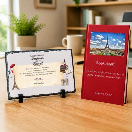 Cadouri personalizate - Set cadou Agenda + Placa piatra ardezie personalizata - Profesor Franceza