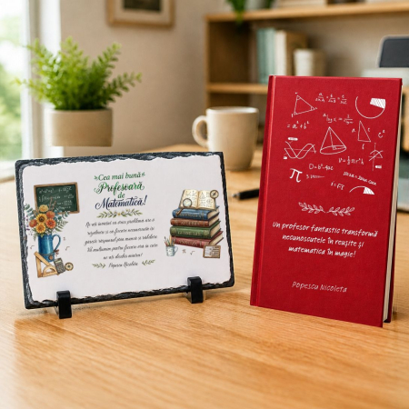 Cadouri personalizate - Set cadou Agenda + Placa piatra ardezie personalizata - Profesor Matematica