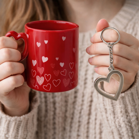 Cadouri pentru femei - Set Cadou Îndrăgostiți „Lots of Love” – Cană Roșie cu Mâner Inimă și Breloc Asortat