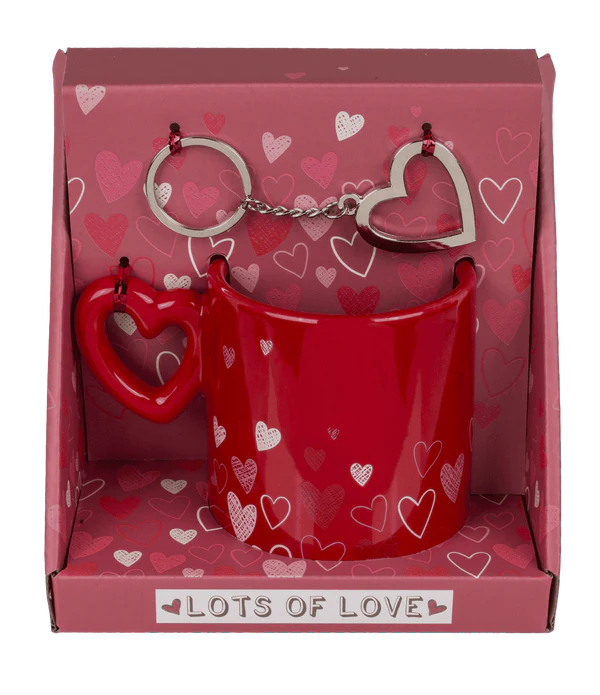 Set Cadou Îndrăgostiți „Lots of Love” – Cană Roșie cu Mâner Inimă și Breloc Asortat [1]