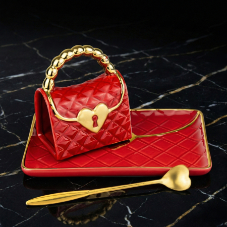 Cană în formă de geantă cu farfurioară și linguriță inimă [3]