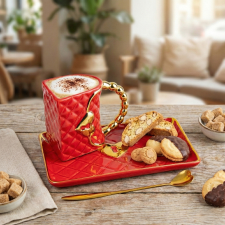 Cadouri pentru femei - Cană în formă de geantă cu farfurioară și linguriță inimă