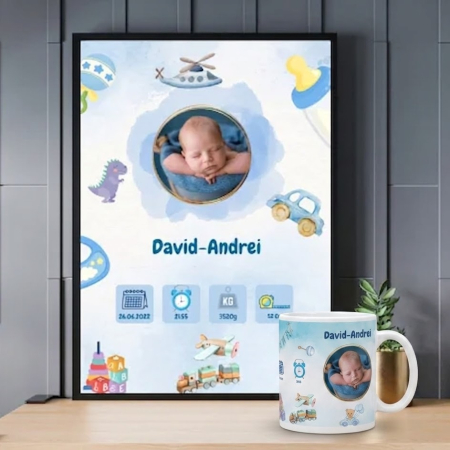 Cadouri pana in 100 RON - Set Rama foto si cana personalizate - cadou Boy Baby Born