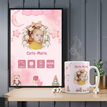 Cadouri pana in 100 RON - Set Rama foto si cana personalizate - cadou Girl Baby Born