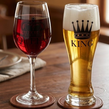 Cadouri pentru femei - Set Regal de 2 Pahare pentru Cuplu - "King & Queen" (Halbă Bere & Pahar Vin)