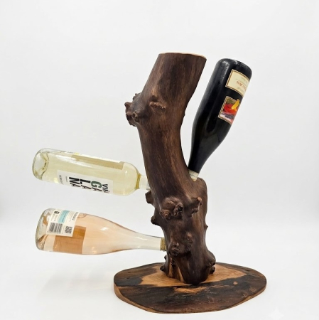 Suport Rustic din Lemn Masiv pentru 3 Sticle de Vin [1]