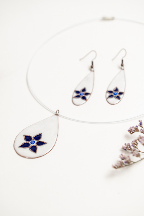 Set bijuterii artizanale email alb-albastru floral [2]