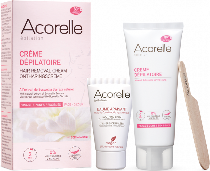Crema depilatoare naturala piele sensibila, fara durere, pentru fata + balsam + 1 spatula Acorelle [1]