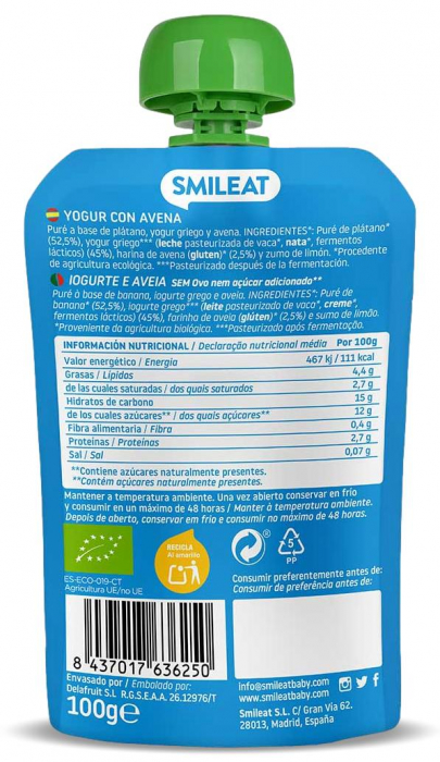 Gustare piure BIO din banane, iaurt si ovaz, +9 luni Smileat [2]