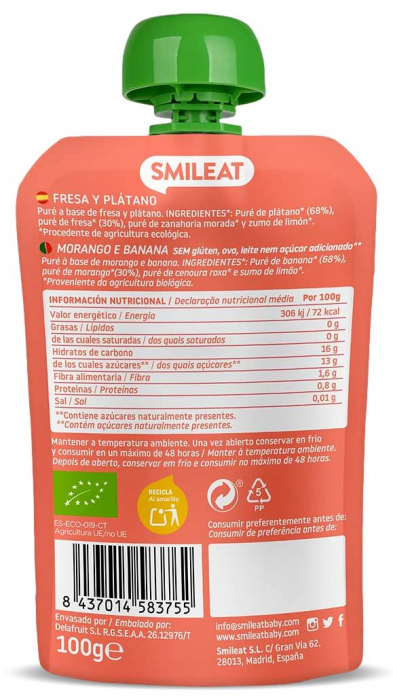 Gustare piure BIO din banane si capsuni, +6 luni Smileat [2]