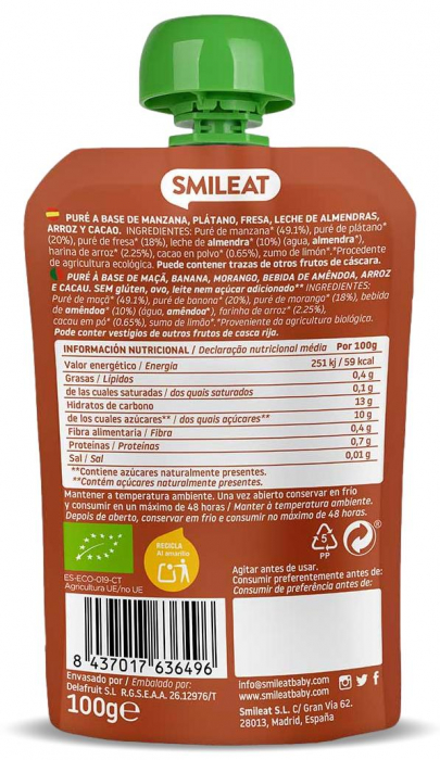 Gustare piure BIO din lapte de migdale, cacao si capsuni, +9 luni Smileat [2]