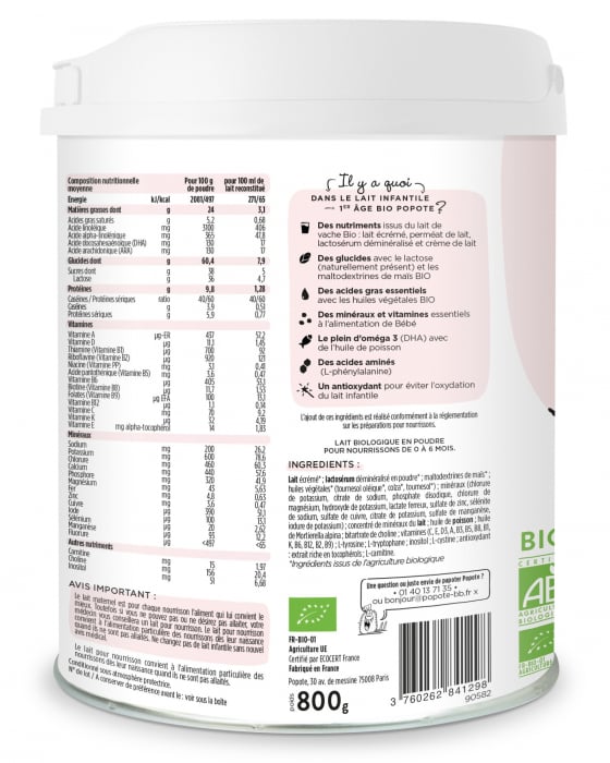 Lapte praf BIO pentru sugari(Etapa 1), 0-6 luni(gramaj mare) Popote [2]