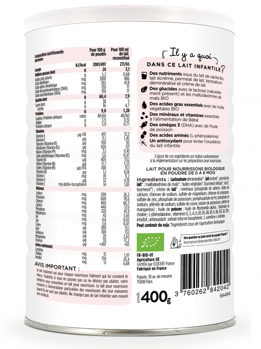 Lapte praf BIO pentru sugari(Etapa 1), 0-6 luni Popote [2]