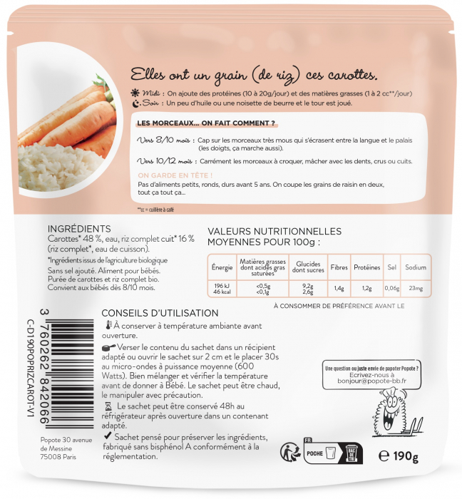 Mancare BIO(bucatele mici) cu 48% morcovi si orez brun, +8/10 luni Popote [2]