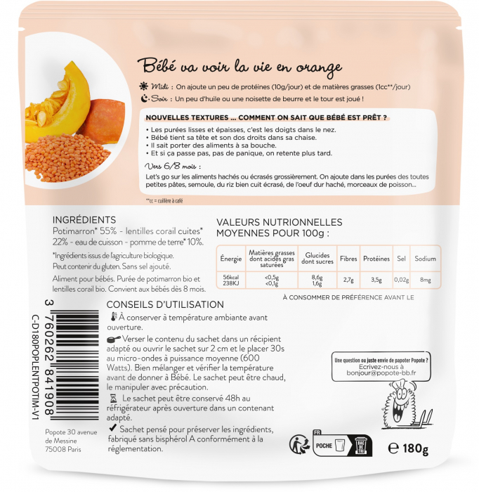 Mancare BIO cu 55% dovleac si linte rosie, +8 luni Popote [2]