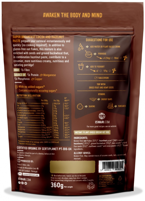 Mic dejun BIO fara zahar, cu ovaz, cacao si crema de alune padure Iswari [2]