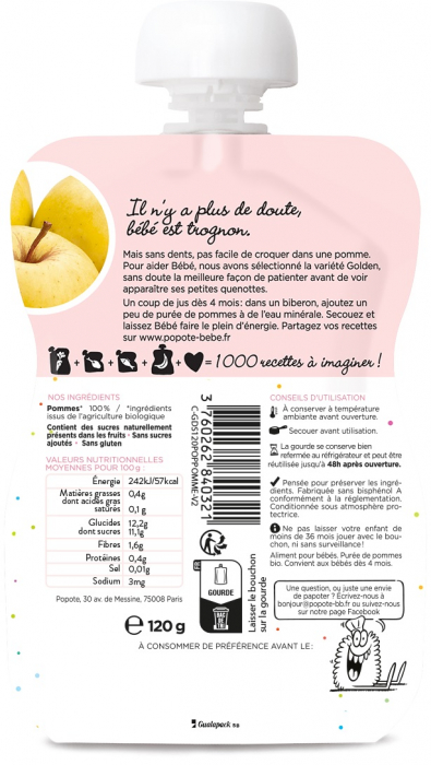 Piure BIO cu 100% mere, +4/6 luni Popote [2]