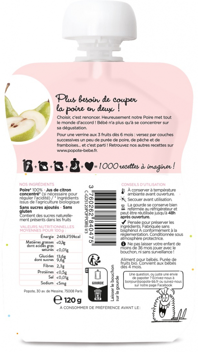 Piure BIO cu 100% pere, +4/6 luni Popote [2]