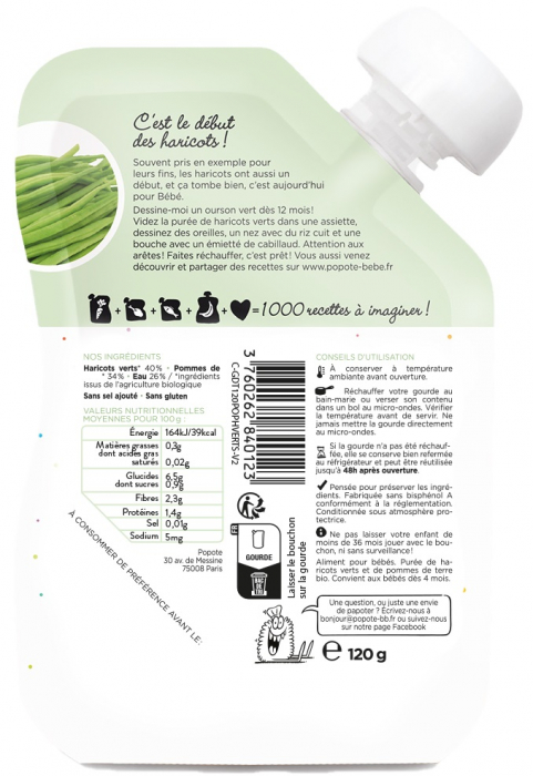 Piure BIO cu 40% fasole verde, +4/6 luni Popote [2]