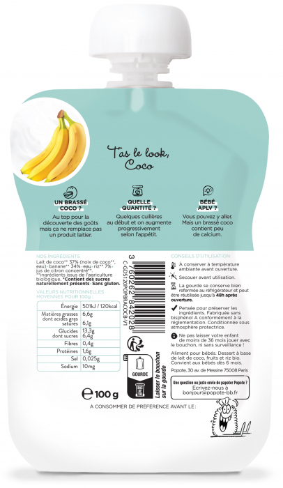 Piure BIO cu 54% lapte de cocos si banane, +6 luni Popote [2]