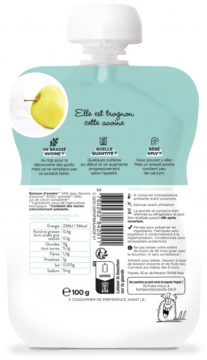 Piure BIO cu 54% lapte de ovaz si mere, +6 luni Popote [2]