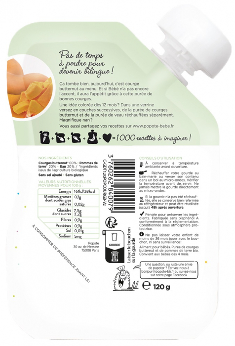 Piure BIO cu 60% dovleac, +4/6 luni Popote [2]