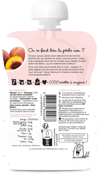 Piure BIO cu 60% piersici, +4/6 luni Popote [2]