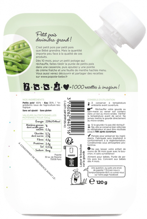 Piure BIO cu 65% mazare, +4/6 luni Popote [2]