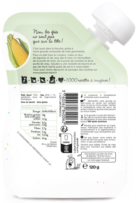 Piure BIO cu 75% porumb dulce, +4/6 luni Popote [2]