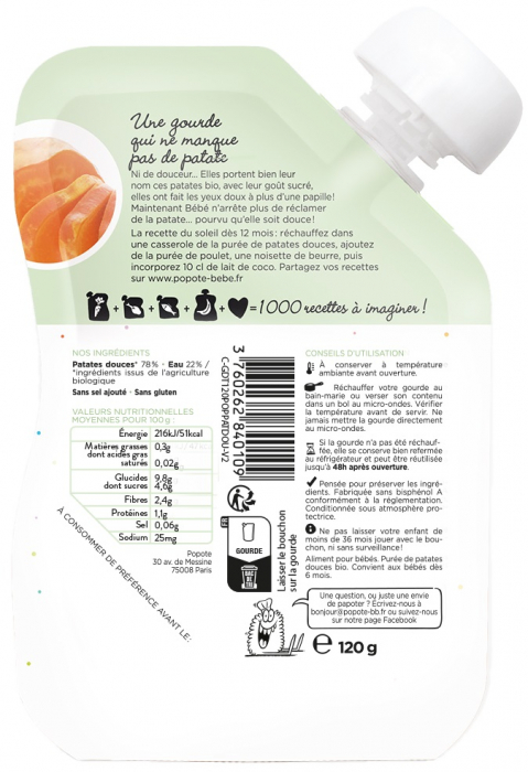 Piure BIO cu 78% cartofi dulci, +4/6 luni Popote [2]