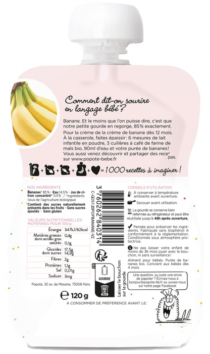 Piure BIO cu 85% banane, +4/6 luni Popote [2]